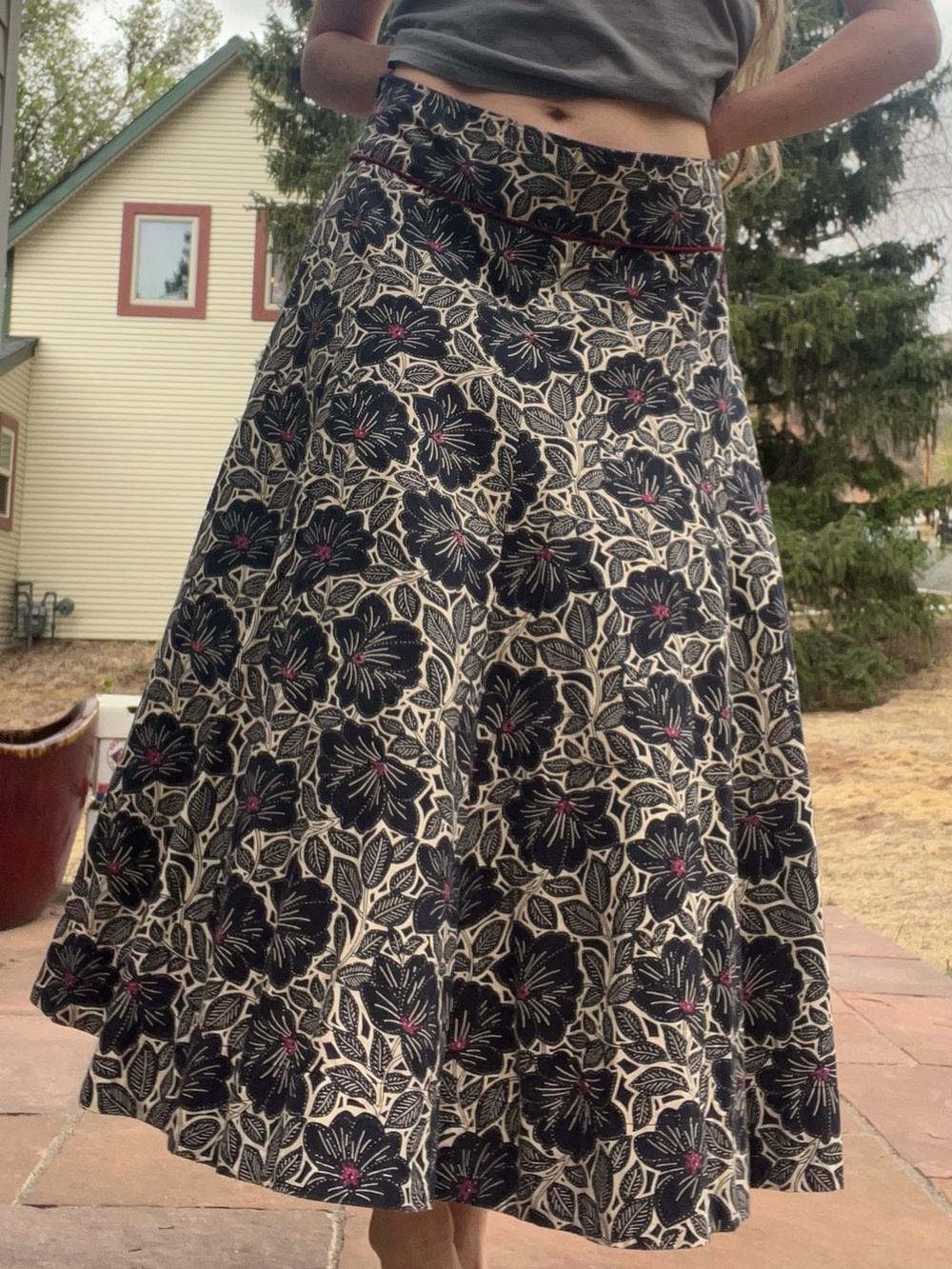 Sara Black and Cream Floral Circle Skirt with Pink Accents
